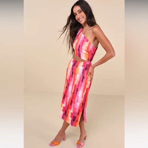 Lulus Luminous Vibes Hot Pink Abstract One-shoulder Cutout Midi Dress - Size S - Picture 2 of 8